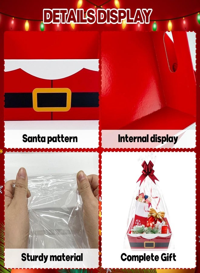 CODOHI 30 Pcs 10 Pack Christmas Baskets for Gifts Empty 8.5" x 10" with Xmas Pull Bows Clear Present Bags, Red Santa Claus Belt Empty Gift Baskets Kit To Fill for Winter Christmas Holiday Party Favors - Image 3
